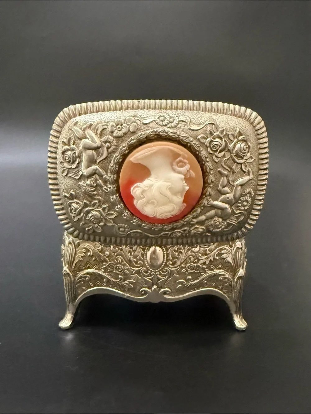 Vintage Victorian Revival Cameo Silver-plated Ornate Footed Trinket Jewelry Box